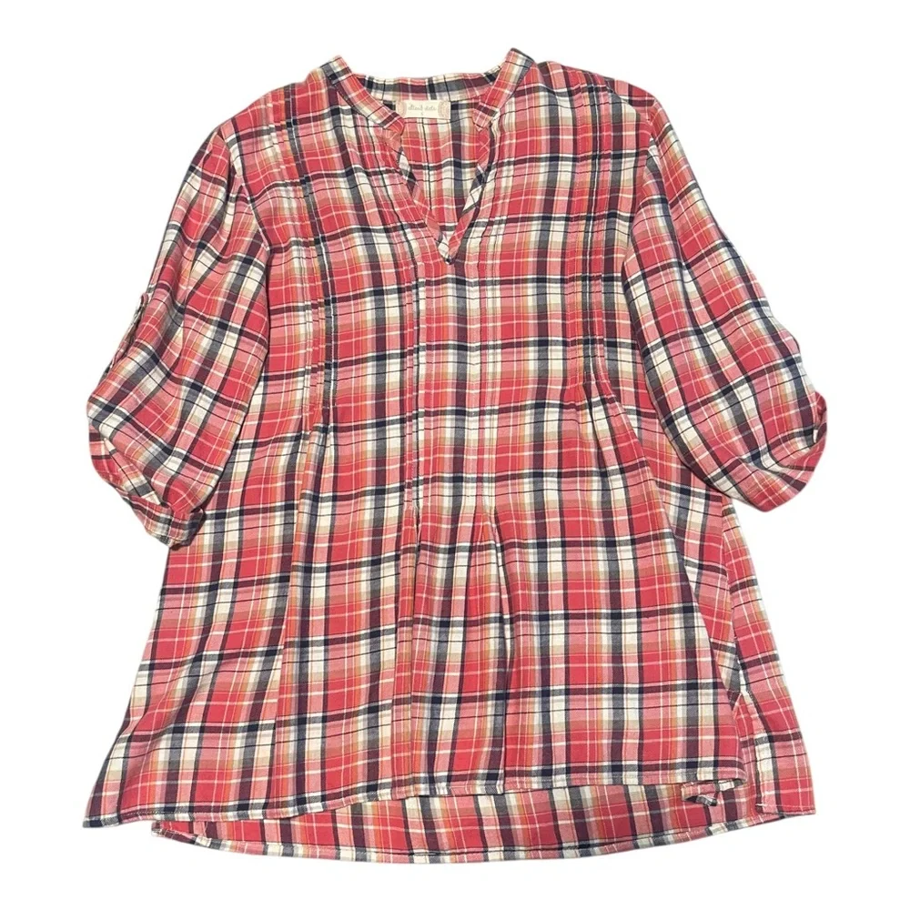 ALTAR'D STATE Plaid Tunic Pleated VNeck Cotton Top Blouse Size Small